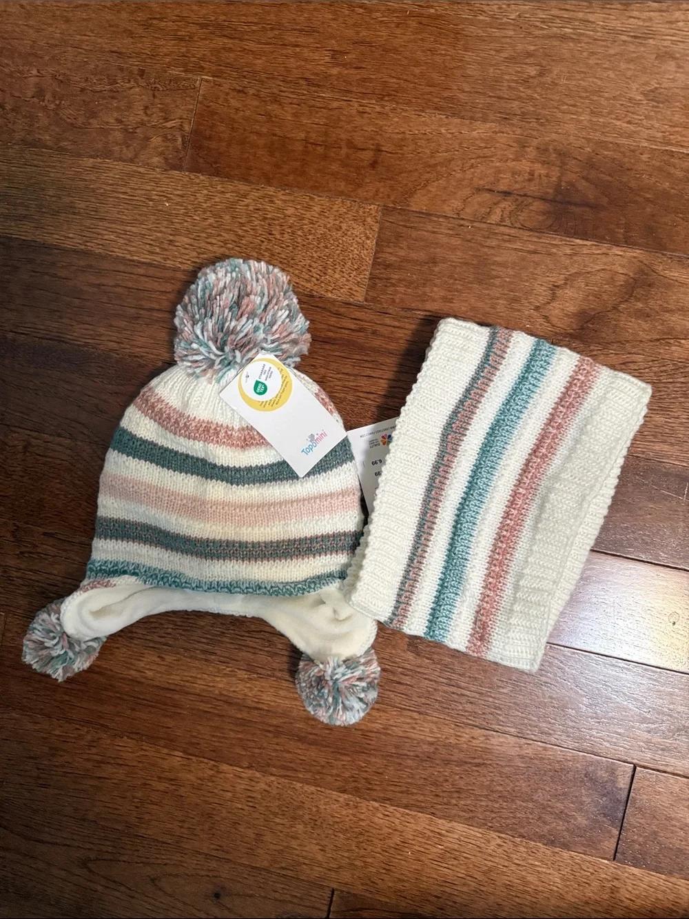 Kids Striped Knit Pom-Pom Hat & Scarf Set - Cream, Teal & Dusty Rose